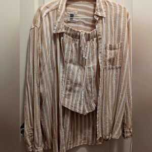 Old Navy Beige and White Striped Button-Down Shirt